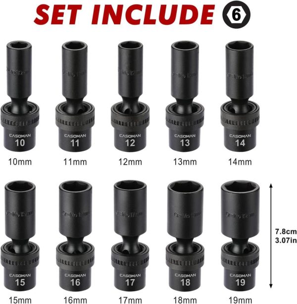 10 Pcs 3/8" Drive Deep Standard Universal Impact Socket Set, 6 Point, Cr-Mo, Metric,10-19Mm | Socket Sets Socket Sets Socket Sets