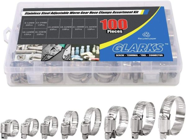 100Pcs Adjustable 8-44Mm Range 304 Stainless Steel Worm Gear Hose Clamps Assortment Kit, Fuel Line Clamp For Water Pipe, Plumbing, Automotive And Mechanical Application (Hose Clamp Kit) | Clamps Clamps Clamps