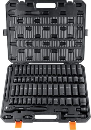 1/2" Drive Impact Socket Set, 65 Piece Sae 3/8" To 1-1/4" And Metric 10-24Mm, 6 Point Cr-V Alloy Steel For Auto Repair, Easy-To-Read Size Markings, Rugged Construction, Storage Case | Socket Sets Socket Sets Socket Sets