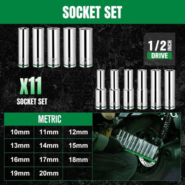 1/2" Drive Socket Set, Deep Metric Sockets, 11-Piece 10-20Mm, Superkrome Finish, Preminum Cr-V Construction, With Aluminum Socket Organizer | Socket Sets Socket Sets Socket Sets