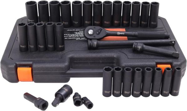 1/2-Inch Deep Impact Socket Set, 33 Pc, 6 Point Sae/Metric, Chrome Vanadium Steel | Socket Sets Socket Sets Socket Sets