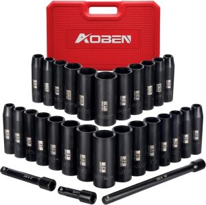 1/2-Inch Drive Impact Socket Set, 29 Pieces, 6 Point, Sae/Metric, (3/8" – 1", 10Mm – 24Mm), Deep, Cr-V Steel, Includes 3", 5", 10" Extension Bars | Socket Sets Individual Drive Sockets Individual Drive Sockets