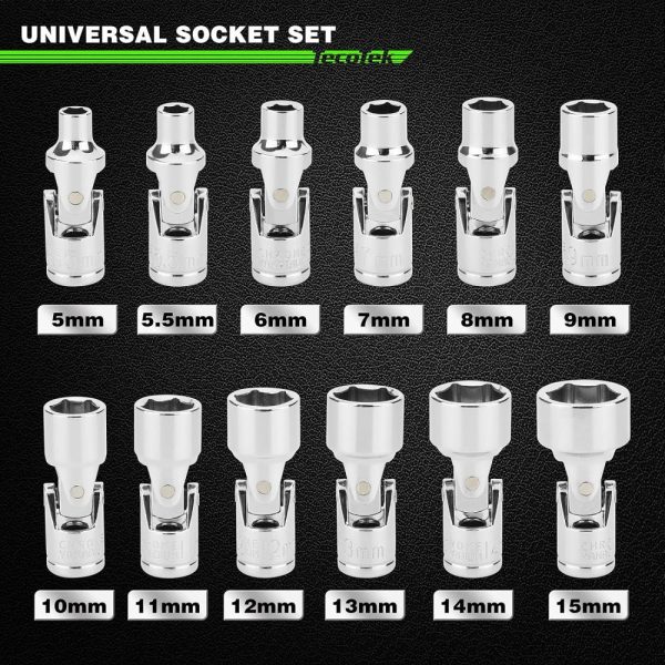 12-Piece 1/4-Inch Drive Metric Universal Joint Socket Set, Swivel Socket Set, 6-Point, 5Mm To 15Mm, Cr-V, Universal Flex Socket For Easier Access To Tight Spaces | Socket Sets Socket Sets Socket Sets