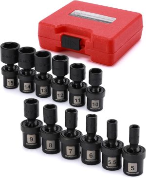 12 Pieces 1/4" Drive Metric Shallow Universal Impact Socket Set, Cr-Mo, Swivel Socket With Flexible Wobble, 5Mm – 15Mm | Socket Sets Socket Sets Socket Sets