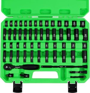 1/4" Drive Impact Socket Set, 56-Piece Standard Sae (5/32 To 9/16 Inch) And Metric (4-15Mm) Size, 6 Point, Cr-V, 1/4-Inch Drive Ratchet Handle, Drive Extension Bar, Impact Universal Joint | Socket Sets Socket Sets Socket Sets