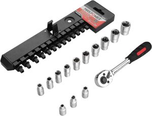 14Pcs 1/4" Drive Metric Socket Set, Industrial Grade 6-Point Standard Sockets, Quick-Release Softgrip Reversible Ratchet Handle, Forged And Heat-Treated Cr-V Alloy Steel, Size 4Mm-14Mm | Socket Wrenches Socket & Socket Wrench Sets Socket & Socket Wrench Sets