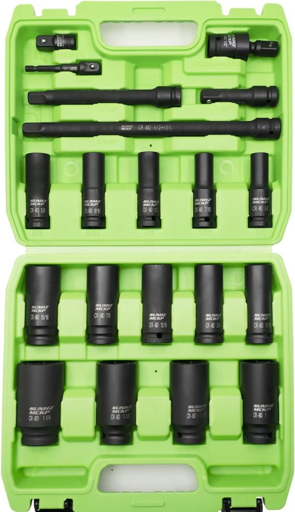 20 Pcs 1/2" Impact Socket Set, Drive Deep 6 Point Socket Set, Including Standard Sae Sockets (3/8" To 1-1/4"), 3 ", 6", 10" Impact Extension Bar And Drill Socket Adapter, Cr-Mo | Socket Sets Socket Sets Socket Sets