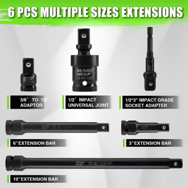 20 Pcs 1/2" Impact Socket Set, Drive Deep 6 Point Socket Set, Including Standard Sae Sockets (3/8" To 1-1/4"), 3 ", 6", 10" Impact Extension Bar And Drill Socket Adapter, Cr-Mo | Socket Sets Socket Sets Socket Sets