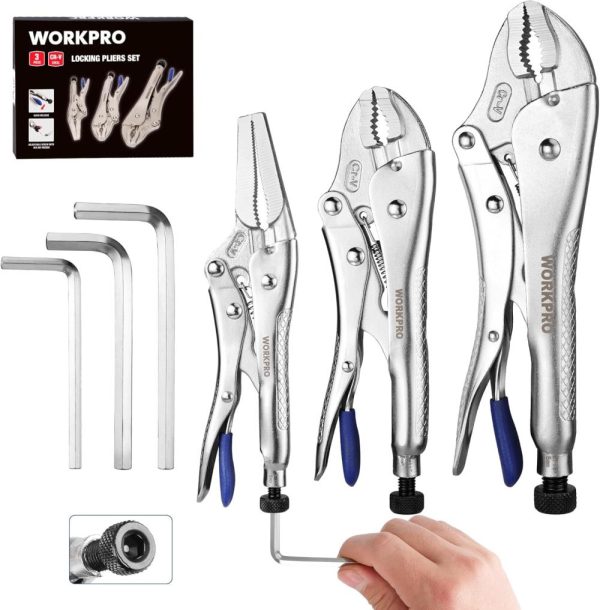 3-Piece Cr-V Locking Pliers Set, 6-1/2" Long Nose Locking Pliers, 7" And 10" Curved Jaw Locking Pliers, Fast Release With 3Pc Hex Keys | Tongue-and-Groove Pliers Pliers Tongue-and-Groove Pliers