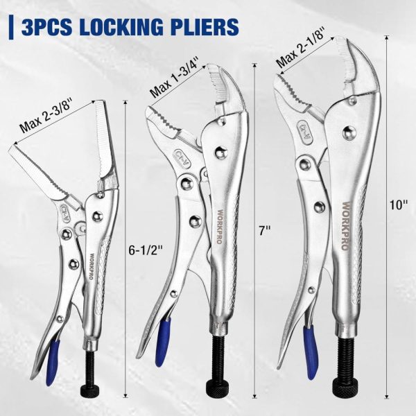 3-Piece Cr-V Locking Pliers Set, 6-1/2" Long Nose Locking Pliers, 7" And 10" Curved Jaw Locking Pliers, Fast Release With 3Pc Hex Keys | Tongue-and-Groove Pliers Pliers Tongue-and-Groove Pliers