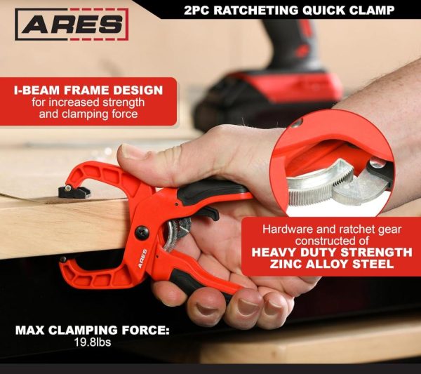 32006 – 2-Piece 5-Inch Ratcheting Quick Clamp Set – 1-1/4-Inch Jaw Opening – I-Beam Frame Design For Added Strength And Clamping Force – Soft Tpr Rubber Handles For Comfort And Control | Clamps Clamps Clamps