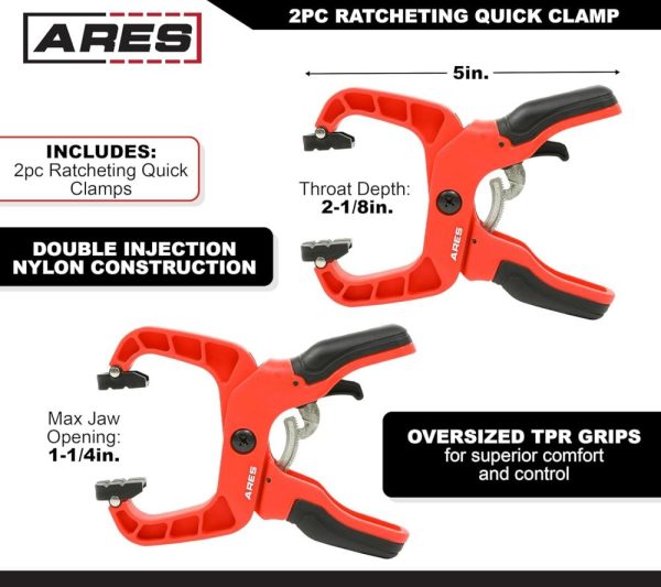 32006 – 2-Piece 5-Inch Ratcheting Quick Clamp Set – 1-1/4-Inch Jaw Opening – I-Beam Frame Design For Added Strength And Clamping Force – Soft Tpr Rubber Handles For Comfort And Control | Clamps Clamps Clamps