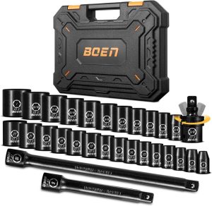 3/8" Drive Impact Socket Set, 29 Piece Shallow Socket Set Sae 3/8" To 1" | Metric 8 To 22Mm, Includes 6", 10" Extension Bars, Universal Joint, 6 Point Design, Cr-V Steel, Meets Ansi Standards | Socket Sets Socket Sets Socket Sets