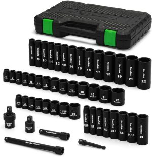 3/8" Drive Impact Socket Set, 49-Piece Standard Sae (5/16"-3/4") And Metric (8Mm-22Mm), 6 Point, Cr-V, Extension Bars, 1/2" F To 3/8" M Reducer, Universal Joint And Power Drill Adapter | Socket Sets Socket Sets Socket Sets