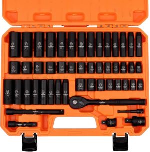 3/8" Drive Impact Socket Set, 50-Piece Standard Sae (5/16 To 3/4 Inch) And Metric (8-22Mm) Size, 6 Point, Cr-V, 3/8-Inch Drive Ratchet Handle, Drive Extension Bar, Impact Universal Joint | Socket Sets Socket Sets Socket Sets