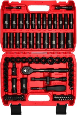 3/8"Drive Impact Socket Set,Standard Sae(5/16 To 3/4-Inch) Metric Size(8-22Mm), 95 Piece, Cr-V Steel Deep&Shallow Kit, Adapters, Ratchet Handle, Screwdriver Bit Set, Spark Plug Socket, 6 Point | Socket & Socket Wrench Sets Socket & Socket Wrench Sets Socket & Socket Wrench Sets