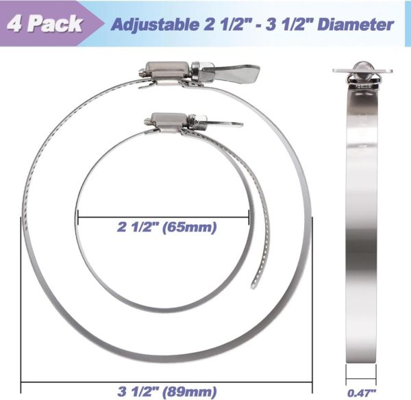 4 Pack 3 Inch Hose Clamp, Adjustable 2 1/2"-3 1/2" Diameter 304 Stainless Steel Easy Turn Thumb Screw Worm Gear Hose Clamps For Securing Hose, Dryer, Automotive And Mechanical Applications | Clamps Clamps Clamps