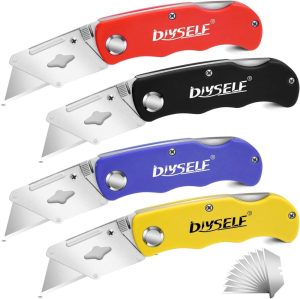 4 Pack Utility Knife, Box Cutters For Light Duty Purposes, Razor Knife Utility, Box Cutter Knife For Cartoon, Cardboard, Folding Utility Knife For Warehouse, Shop, Box Cutter For Women | Knife Blades Knife Blades Knife Blades