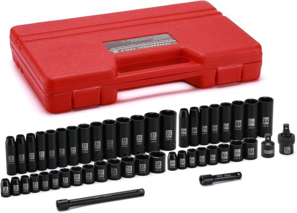 48Pcs 3/8" Drive Deep And Shallow Impact Socket Set, Sae/Metric, Cr-V, 6-Point Impact Socket Set, Impact Extension Bars, Reducer, Universal Joint | Socket Sets Socket Sets Socket Sets