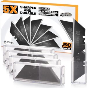 50-Pack Utility Knife Blades, Blackened Sk-2 Razor Blades For Box Cutter Utility Knife, Never Rust Design, Extra Durable | Knife Blades Knife Blades Knife Blades