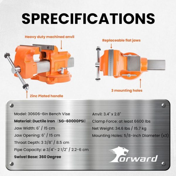 6 Inch Bench Vise Ductile Iron With Channel Steel And 360-Degree Swivel Base 30606 (6") | Vises Vises Vises