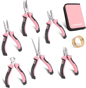 6-Piece Mini Pliers Set, Needle Nose, Long Nose, Bent Nose, Diagonal, End Cutting And Linesman, For Crafts Work, Electronic Repair, With Pink Pouch | Needle-Nose Pliers Needle-Nose Pliers Needle-Nose Pliers