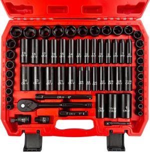 64Pcs 3/8" Socket Set,Drive Impact Socket Set, Sae/Metric, Deep & Shallow, Cr-V Steel, 6 Point With Adapters, 72T Ratchet Handle, Extension Bars，Bit Adapter，6-24Mm，5/16-1 Inch | Socket Sets Socket Sets Socket Sets