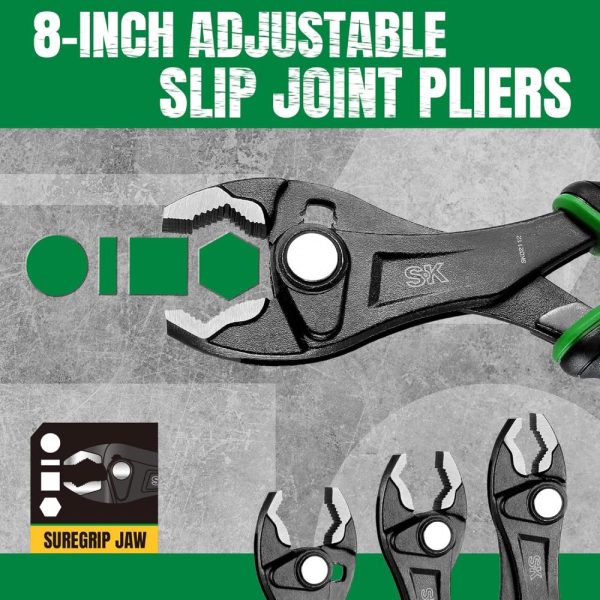 8-Inch Adjustable Slip Joint Pliers, Premium Cr-V Construction, Suregrip V-Jaw Design With Comfortable Grips | Slip-Joint Pliers Pliers Slip-Joint Pliers