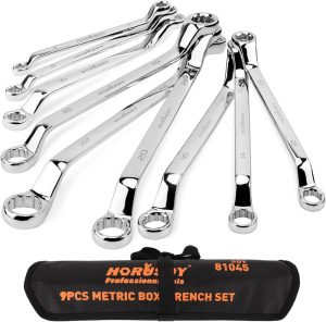 9-Pece Metric Offset Box Wrench Set With Rolling Pouch, 75-Degree, Metric 6-24Mm, Cr-V Steel | Box Wrenches Box Wrenches Box Wrenches