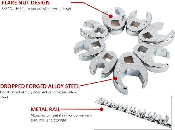 9708 3/8-Inch Drive Fractional Crowfoot Flare Nut Wrench Set, 3/8-Inch – 7/8-Inch, Fully Polished, 8-Piece | Open-End Wrenches Open-End Wrenches Open-End Wrenches