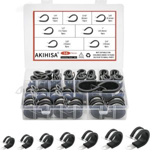 Akihisa 56Pcs Cable Clamps Assortment Kit, 7 Sizes 1/4" 5/16" 3/8" 1/2" 5/8" 3/4" 1" 304 Stainless Steel Rubber Coated Cushioned Insulated Cable Clamp, Metal Clamp, Pipe Clamp For Pipes And Hoses | Clamps Clamps Clamps