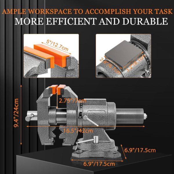 Bench Vise, 5-Inch Jaw Width 5-Inch Jaw Opening, 360° Swivel Base, Multipurpose Heavy Duty Workbench Vise With Anvil &1 Pair Vise Jaw Pad, Table Vise Clamp Force 5500Lbs | Vises Vises Vises