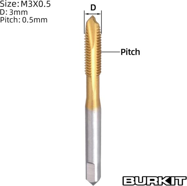 Burkit 2Pcs M3 Spiral Point Tap, Hss Titanium Coating M3 X 0.5 Spiral Point Plug Threading Tap | Threading Taps Threading Taps Threading Taps