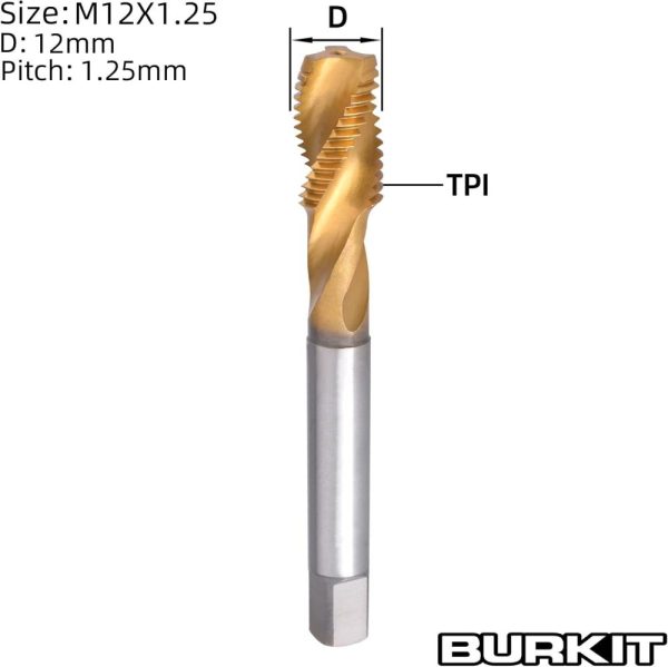 Burkit M12 X 1.25 Spiral Flute Tap, Hss Titanium Coated Spiral Flute Plug Threading Tap M12 X 1.25 | Threading Taps Threading Taps Threading Taps