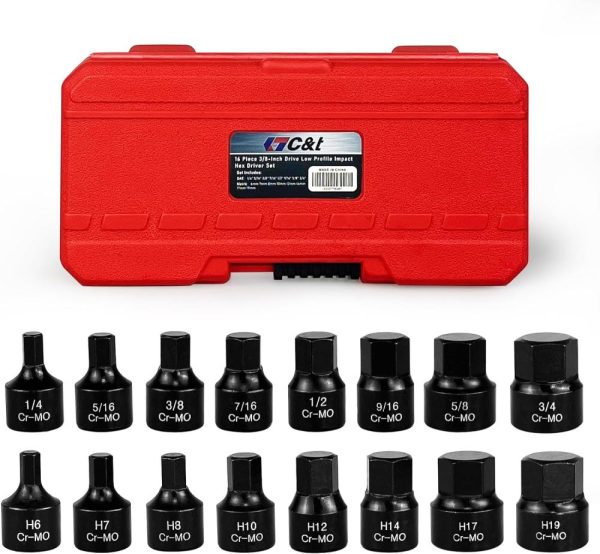 C&T 16 Piece 3/8-Inch Drive Low Profile Impact Hex Driver Set,Sae/Metric,1/4 Inch – 3/4 Inch, 6Mm – 19Mm, Cr-Mo Steel, Hex Bit Socket Set, Heavy Duty Storage Case | Socket Sets Socket Sets Socket Sets