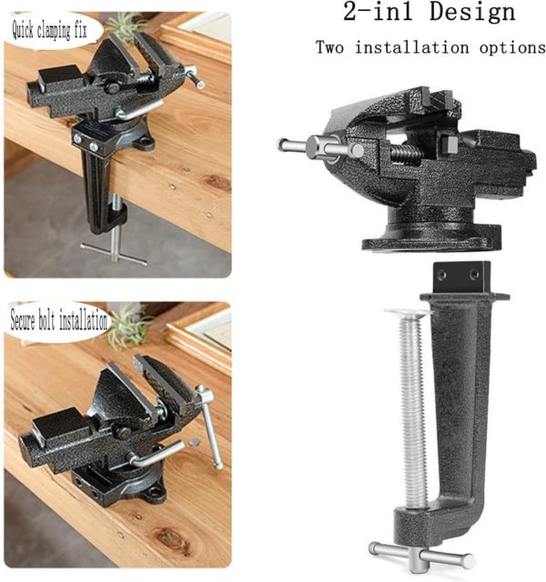 Dual-Purpose Combined Bench Vise Or Table Vise, Multifunctional Jaw, Universal Rotate 360° Work Clamp-On Visewith Quick Adjustment, 3.3" Black | Vises Vises Vises