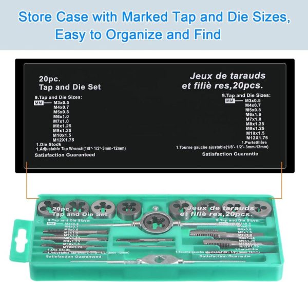 Harfington 20Pcs Tap And Die Set Metric M3-M12 Tap & Die Sets Threading Tool With Wrench Handle For Threading And Rethreading External & Internal Threads | Tap & Die Sets Tap & Die Sets Tap & Die Sets