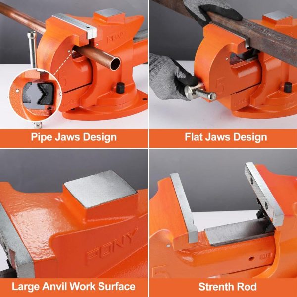 Heavy Duty Bench Vise, 5-Inch Jaw Width 7-Inch Jaw Opening, 360-Degree Swivel Base With Anvil, Utility Combination Pipe Home Vise For Woodworking, One-Pair Vise Jaw Pad Included | Vises Vises Vises