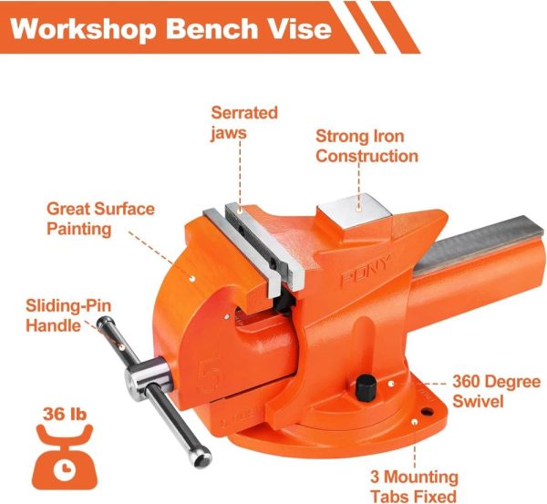 Heavy Duty Bench Vise, 5-Inch Jaw Width 7-Inch Jaw Opening, 360-Degree Swivel Base With Anvil, Utility Combination Pipe Home Vise For Woodworking, One-Pair Vise Jaw Pad Included | Vises Vises Vises