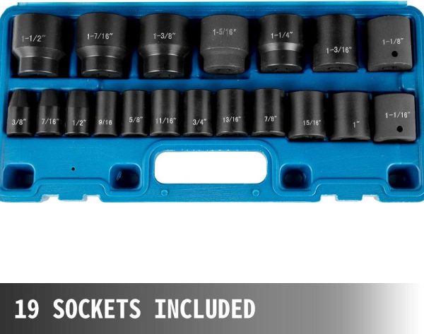 Impact Drive Socket Set 1/2 Inches 19 Piece Impact Sockets Sae, Standard Socket Assortment, (3/8 Inches To 1-1/2 Inches) 6-Point Hex Sockets | Socket Sets Socket Sets Socket Sets