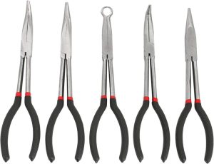 Long Needle Nose Pliers Set 11-Inch Pliers 5-Piece Set Nipper Bent Nose, Duckbill Pliers,End Cutting, Diagonal, Plug Cable Puller Reach Flat,45,90 Degree Angle, Straight,Curved Pliers | Needle-Nose Pliers Needle-Nose Pliers Needle-Nose Pliers