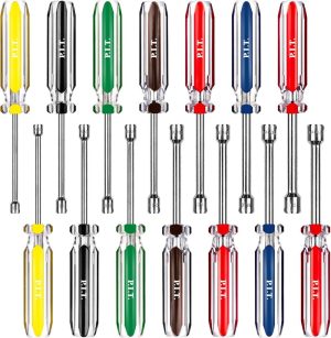 P.I.T. 14 Pcs Sae And Metric Nut Driver Set, 3.5-Inch Solid Shaft Nut Drivers(3/16 To 1/2 Inch And 5 To 10 Mm),For Ightening And Loosening Fasteners With Color Coded Nonslip Comfort Pvc Hand Grips | Nut Drivers Nut Drivers Nut Drivers