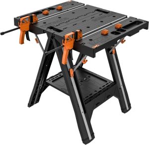 Pegasus 2-In-1 Folding Work Table & Sawhorse, Easy Setup Portable Workbench, 31" W X 25" D X 32" H Lightweight Worktable With Heavy-Duty Load Capacity, Wx051 – Includes 2 Clamps & 4 Clamp Dogs | Clamps Workholding Devices Clamps