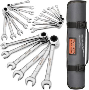 Ratcheting Wrench Set, Combination Wrench Set, 72 Tooth Long Wrench Set, Sae & Metric, 22-Piece, 1/4" To 3/4" & 6-18Mm, Cr-V Steel, With Pouch Organizer Bag, Mechanic Repair Tools Set. | Combination Wrenches Combination Wrenches Combination Wrenches