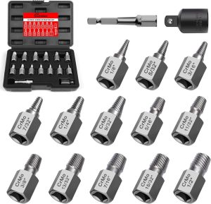 Screw Extractor Set – Easy Out Bolt Extractor Kit, 15 Pieces 3/8" Inch Drive Hex Head Multi-Spline Bolt Remover Kit Tool For Removing Stripped, Broken Rusted Bolts Screws | Tap Extractors Tap Extractors Tap Extractors