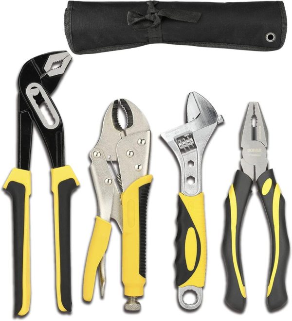 Pliers Set 4-Pieces 8-Inch Combination Pliers Locking Pliers Adjustable Wrench 10-Inch Groove Joint Pliers Maintenance Tool Kit With Tool Pouch | Plier Sets Plier Sets Plier Sets