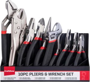 10Pc Pliers&Wrench Set, Includes Locking Pliers,Long Nose Pliers,Diagonal Pliers,Groove Joint Pliers,Linesman Pliers,Mini Pliers And Adjustable Wrench,With Storage Rack.For Diy&Home Use. | Plier Sets Plier Sets Plier Sets