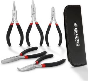 Premium Needle Nose Pliers Set – 5Pcs Anti-Slip Comfort Grip Small Pliers Set Pouch - Round Nose, Toothless Needle Nose,Flat Nose, Diagonal & Toothed Needle Nose Pliers For Jewelry Making By | Needle-Nose Pliers