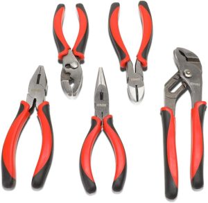 Tools-00061 5 Peice Pliers Set, Includes Needle Nose Pliers, Slip Joint Pliers, Diagonal Cutter, Groove Joint, And Lineman Pliers, Rubberized Comfort Grips, 1 Set, Red/Black | Needle-Nose Pliers Needle-Nose Pliers Needle-Nose Pliers